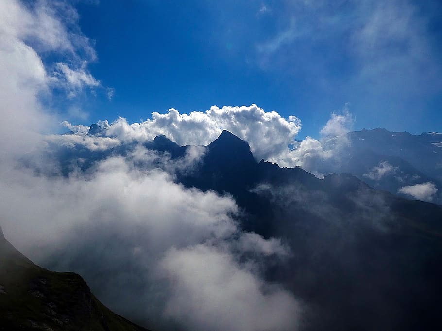 clouds, mountains, sky, blue, alpine, switzerland, fog, cloud - sky HD wallpaper