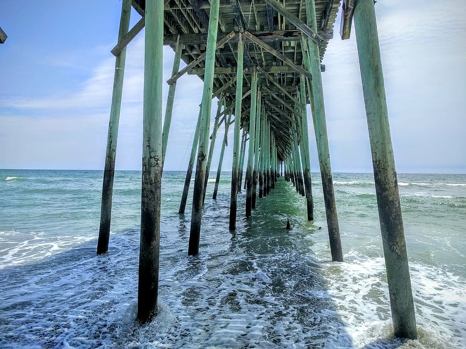 ocean, pier, waves, tide, nautical, sea, water, sky, beach HD wallpaper