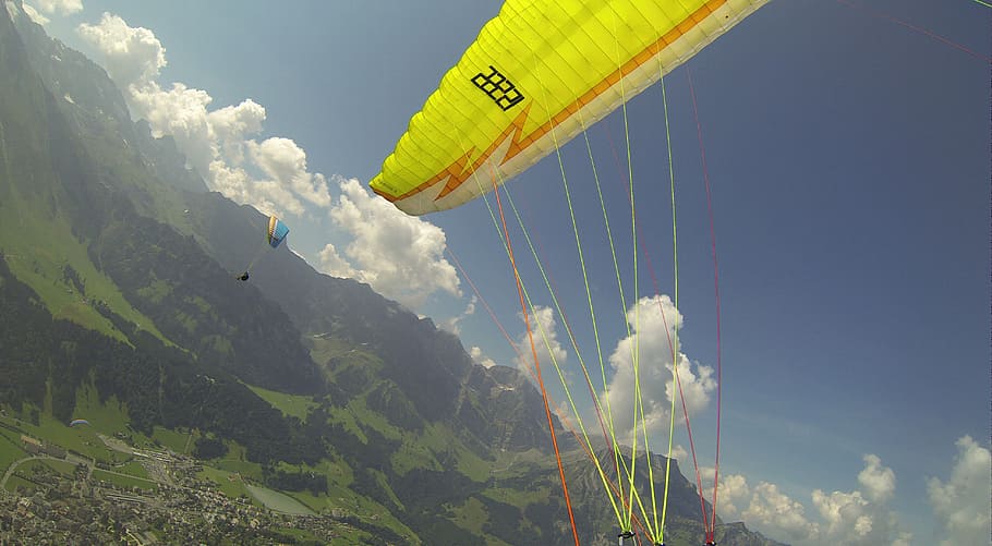 paragliding, fly, summer, mountains, dom, engelberg, brunni, HD wallpaper