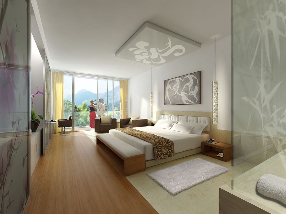 brown wooden bed frame and mattress, interior, hotel, rendering HD wallpaper
