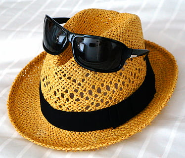 black sunglasses on brown hat, straw hat, summer, shades, holiday HD wallpaper