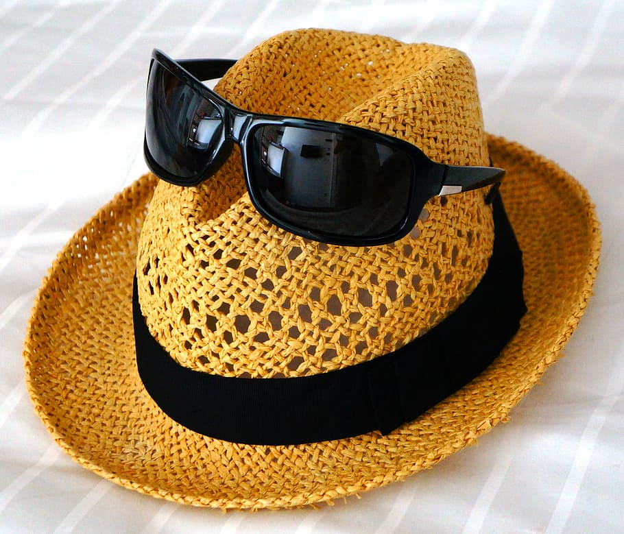black sunglasses on brown hat, straw hat, summer, shades, holiday HD wallpaper