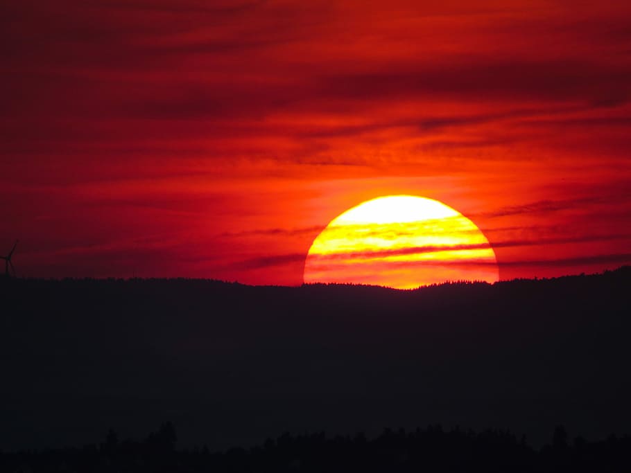 silhouette photograph of sunset, dusk, sky red, evening, landscape HD wallpaper
