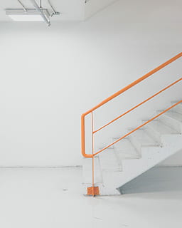 orange metal railing white concrete stairs, staircase with orange handrail HD wallpaper