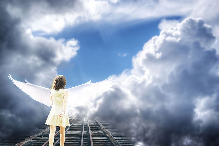woman wearing yellow dress with wings walking towards clouds illustration HD wallpaper