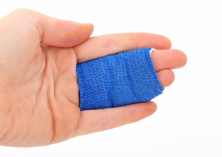 person with blue bandage on two fingers, accident, aid, bleed, HD wallpaper