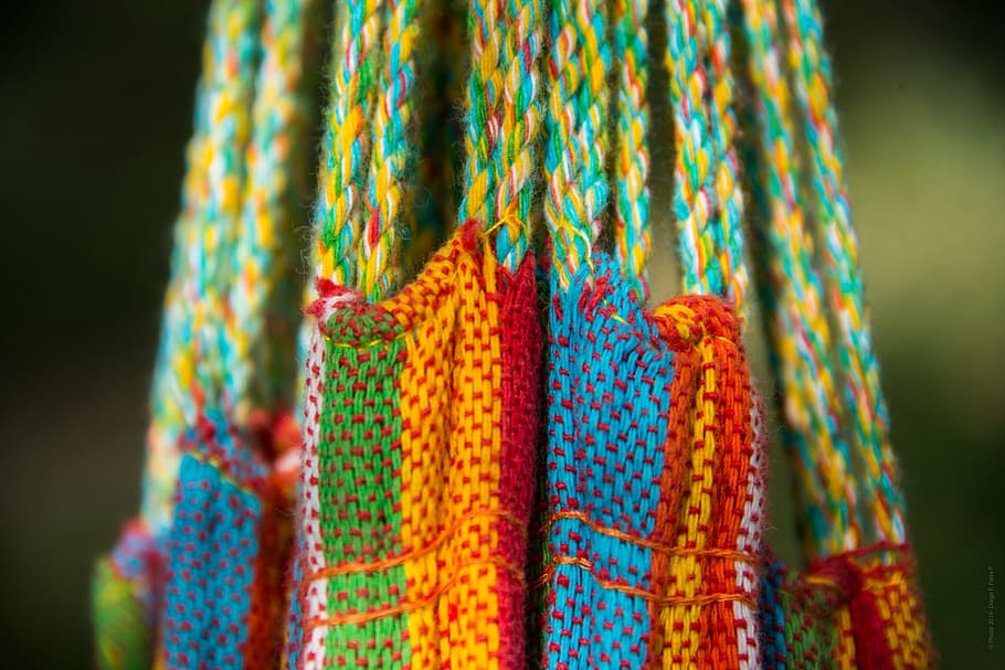 close-up photo of multicolored knitted textile, hammock, tie HD wallpaper