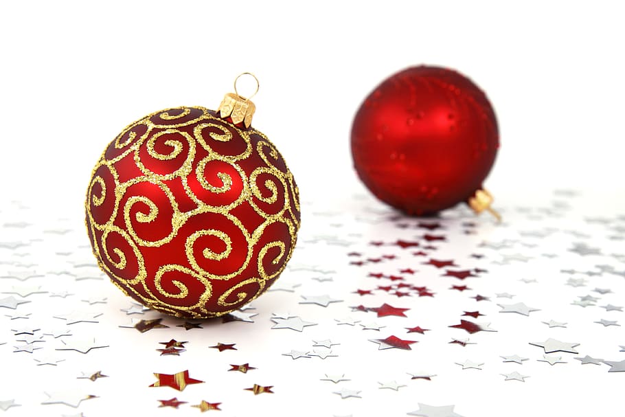 two red-and-brown Christmas baubles, Balls, Celebration, ornament, HD wallpaper