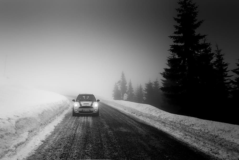 grayscale photo of car in between snow and tree, grey car on the snowy field greyscale photography HD wallpaper