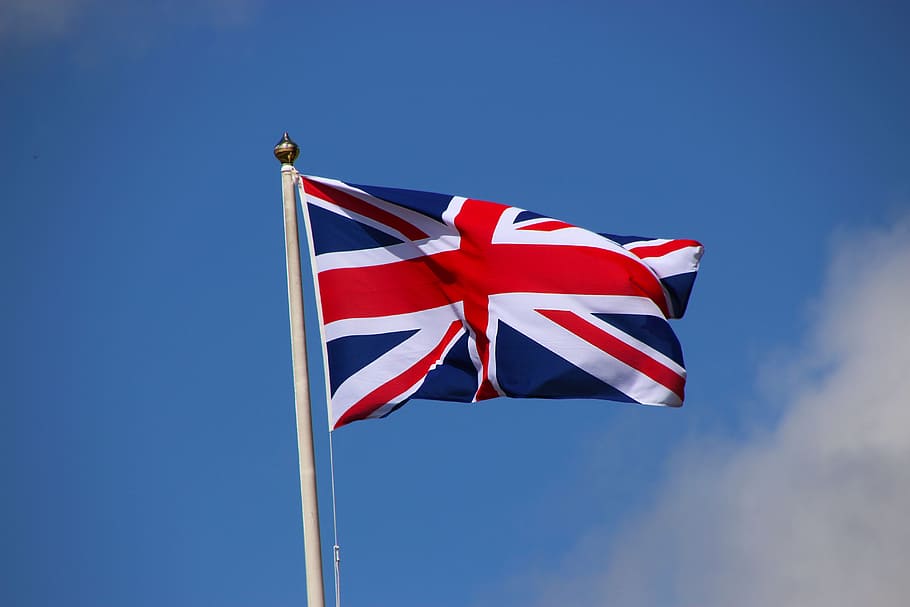 Union Jack flag on white pole, United Kingdom, Flag, English