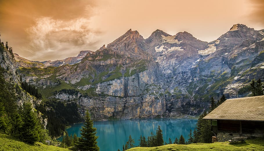 alpine, clouds, conifers, dusk, glacier, grass, high, hike HD wallpaper
