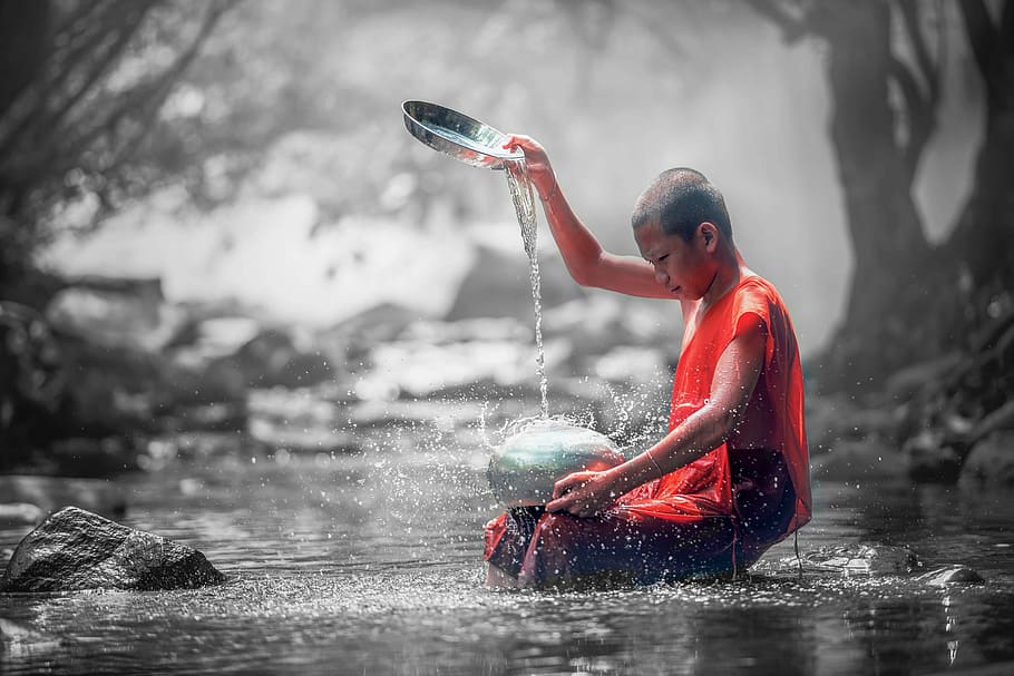 selective color photography of Buddhist monk in orange orange robe, HD wallpaper