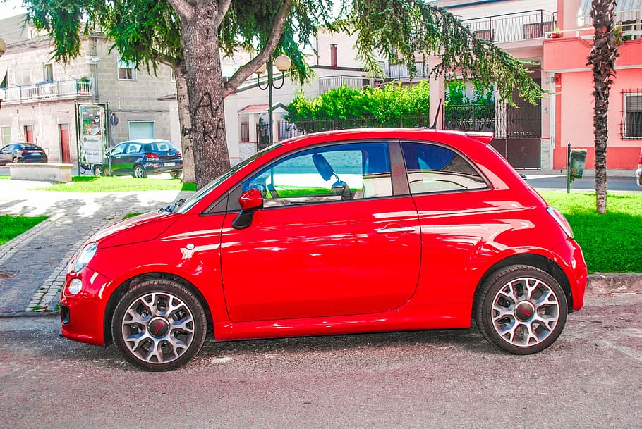 machine, auto, red, prato, trees, piazza, car, motor vehicle HD wallpaper