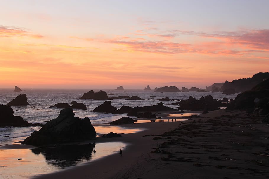 sunset, waters, dawn, dusk, sea, beach, coast, evening, ocean HD wallpaper