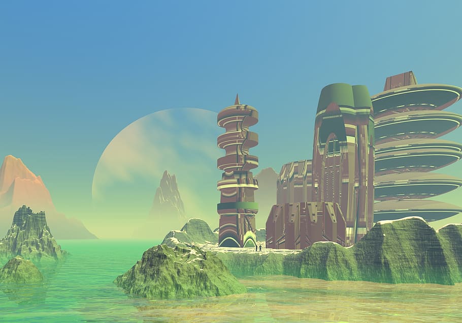 planet, rocks, city, base, fiction, blue sky, ocean, snow, landscape HD wallpaper