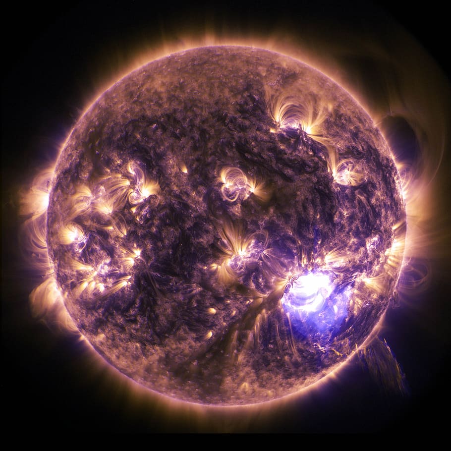 painting of round blue and white planet, solar flare, sun, eruption, HD wallpaper