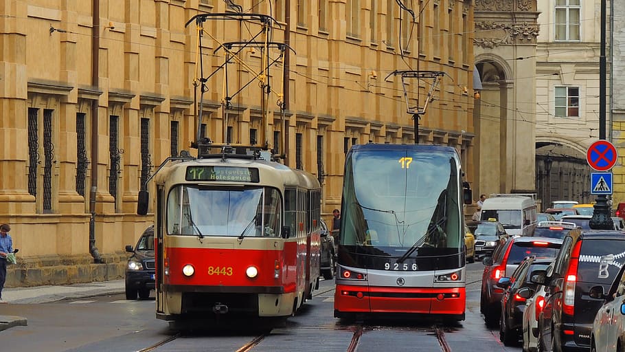 two red trams, prague, city, czech, street, urban, travel, republic