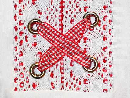 close-up of white and red crochet, closure, eyelets, keep, dirndl HD wallpaper
