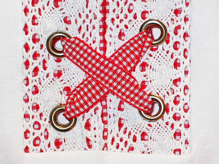 close-up of white and red crochet, closure, eyelets, keep, dirndl HD wallpaper