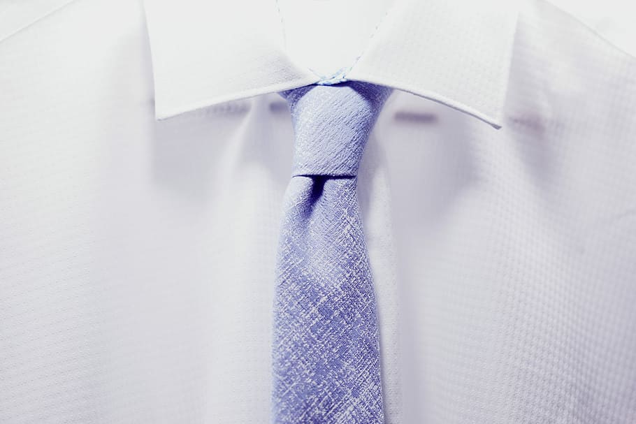 close up photo white collared shirt with blue necktie, person wearing purple necktie HD wallpaper