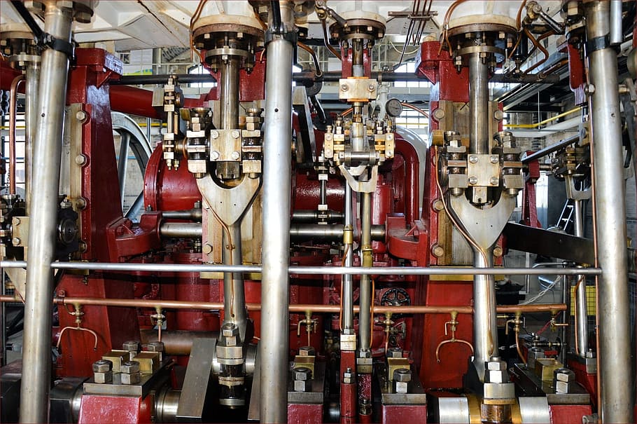close-up photo of red and gray industrial machine, steam, engine HD wallpaper