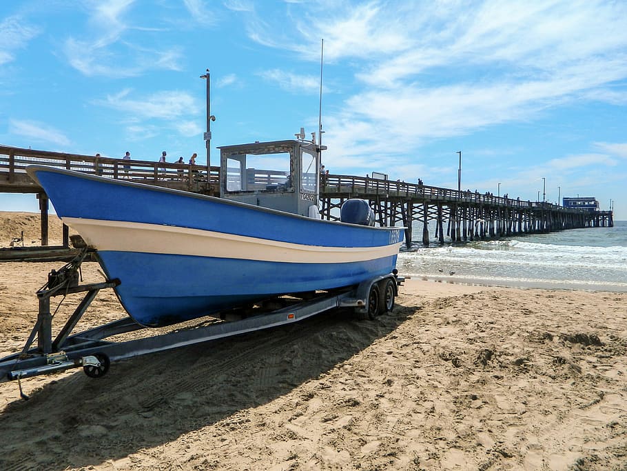 Boat, Sand, Pier, Dune, Beach, Sea, ocean, summer, travel, blue HD wallpaper