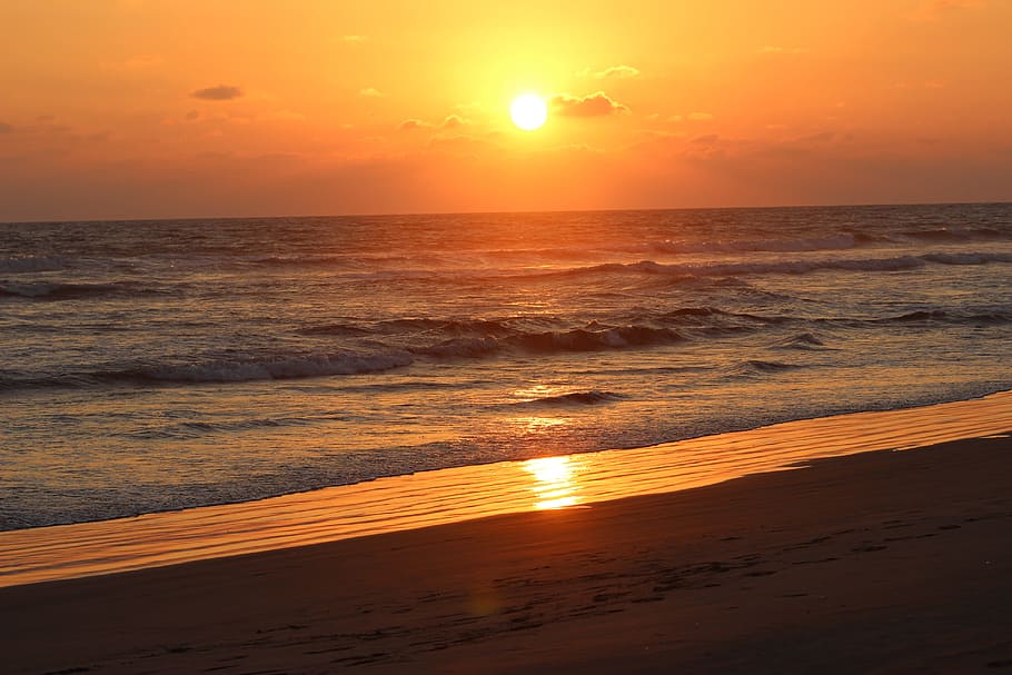 Orange, Beach, Ocean, Water, Shore, coast, coastline, horizon HD wallpaper