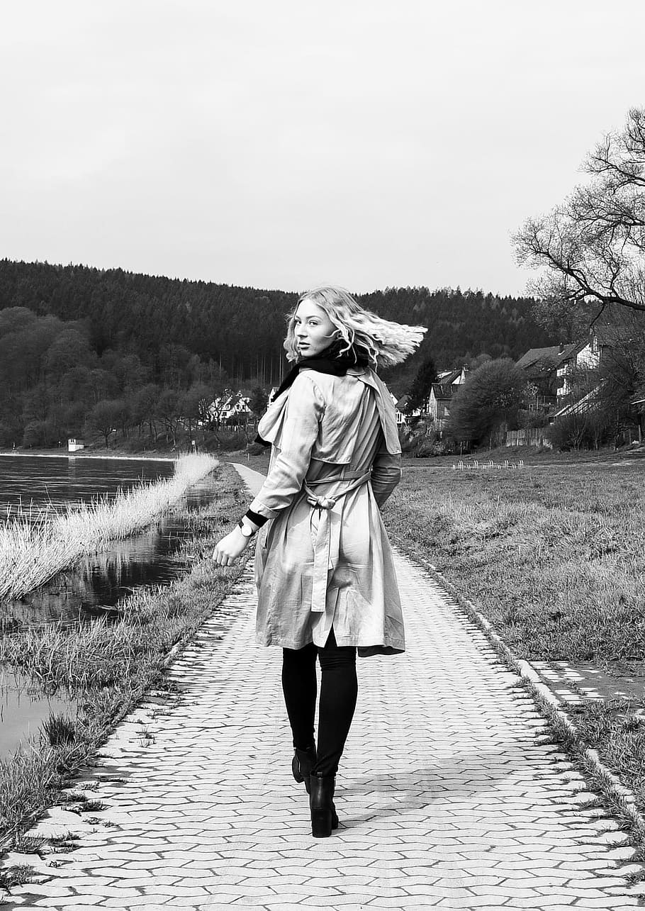 woman in coat walking near leafed trees, Model, Weser, Water HD wallpaper