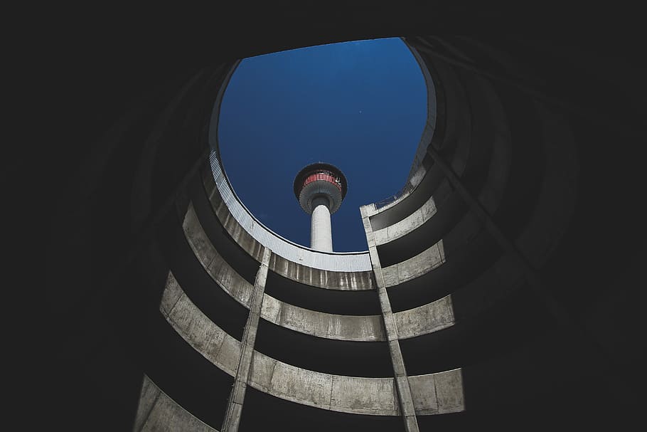 worm's-view photo of white structure, low-angle photo of grey architectural building HD wallpaper