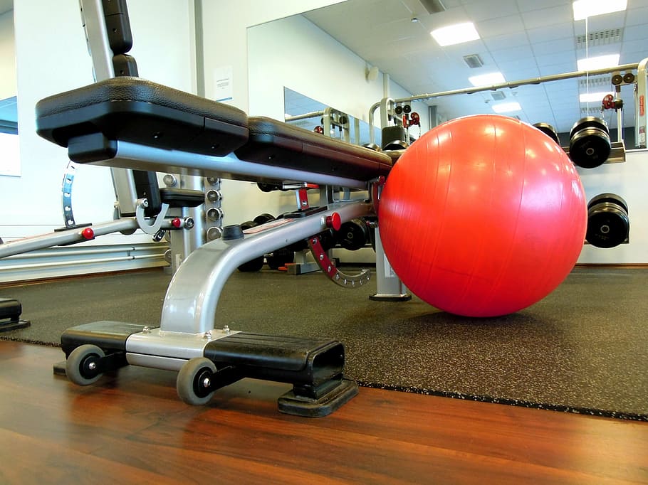 red stability ball beside bench press, gym ball, in the gym, mirrors, HD wallpaper