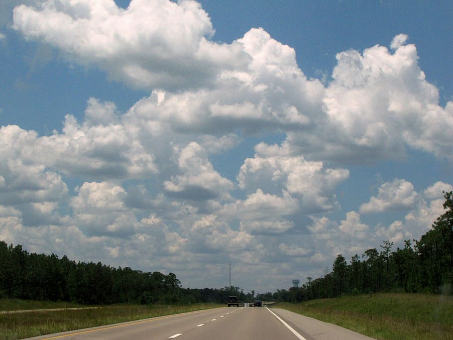 highway, road, clouds, pavement, trees, blue, white, cloud - sky HD wallpaper