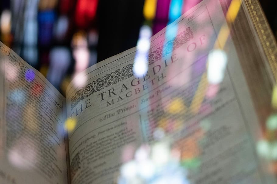 opened book showing The Tragedie of Macbeth, through window HD wallpaper