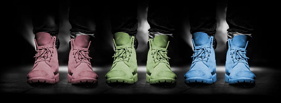 three pairs of pink, green, and blue lace-up high-top shoes, mode