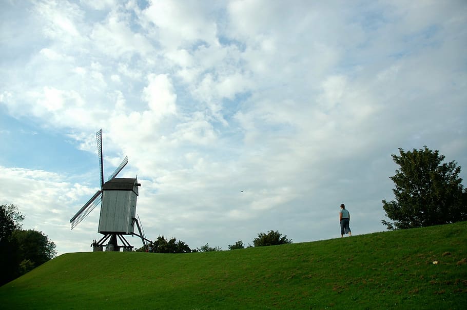 windmill, hill, sky, alternative energy, grass, renewable energy HD wallpaper