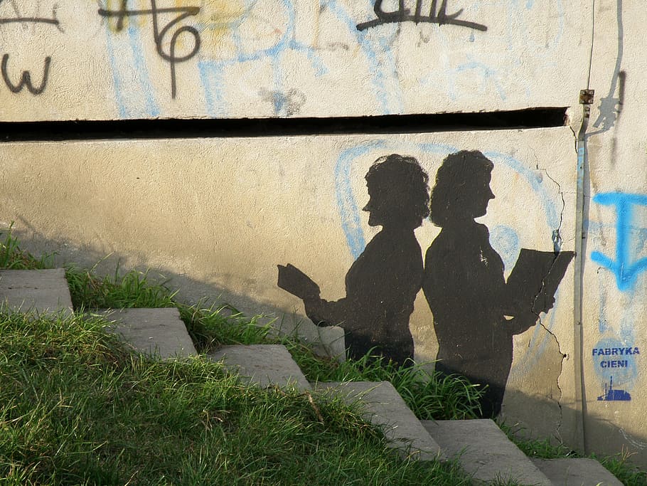 graffiti, wall, texture, two people, shadow, real people, architecture HD wallpaper