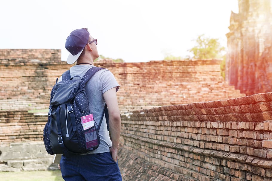 landscape, man, person, sunglasses, ancient, asia, backpack, bricks HD wallpaper