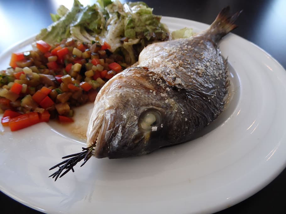 sea bream, vegetables, grilled, food, food and drink, plate HD wallpaper