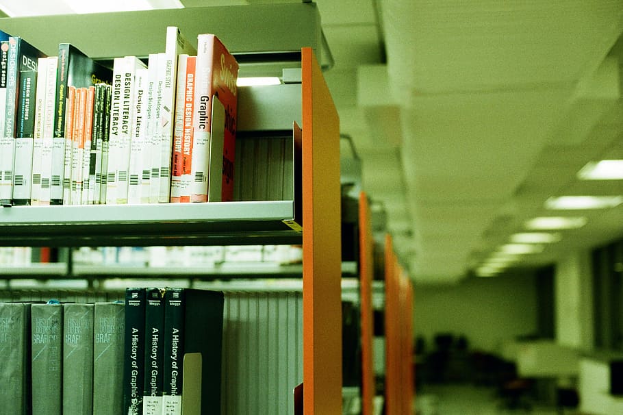 pile of books in grey-and-orange shelves, shelf, library, study HD wallpaper