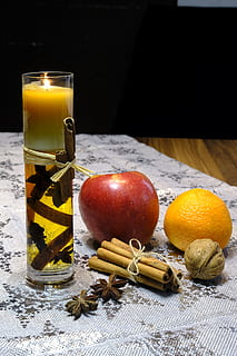 apple, orange, cinnamon, cinnamon sticks, anise, star anise HD wallpaper