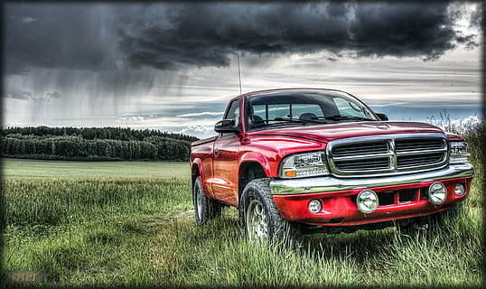 red Dodge truck on grass land under cloudy sky, dakota, sxt HD wallpaper