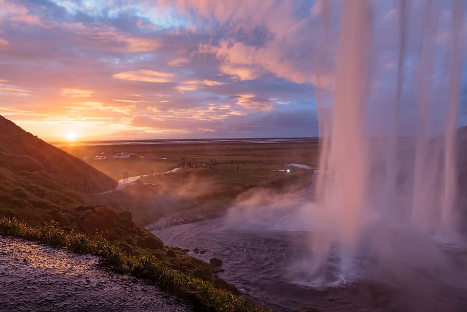 time lapse photography of waterfalls, waterfalls in front mountains HD wallpaper