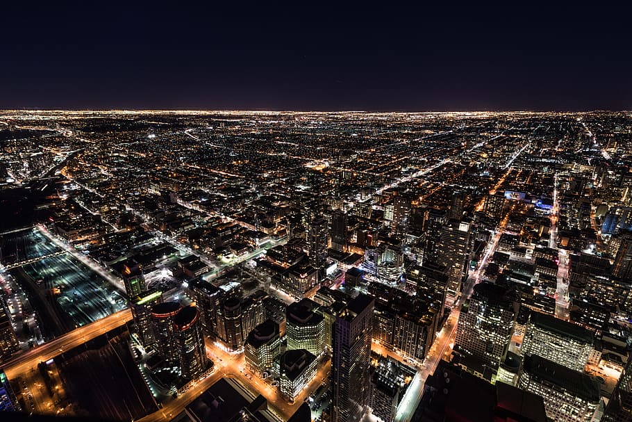 aerial photography of high-rise building during nighttime, Walking up the CN Tower at nighttime