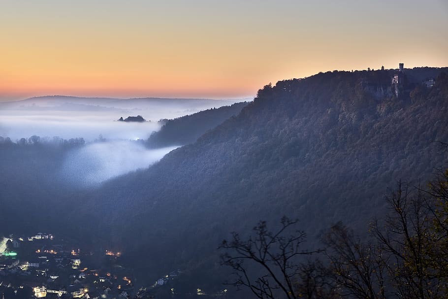 mountain, alb, lichtenstein, castle, morning, swabian alb, alb eaves HD wallpaper