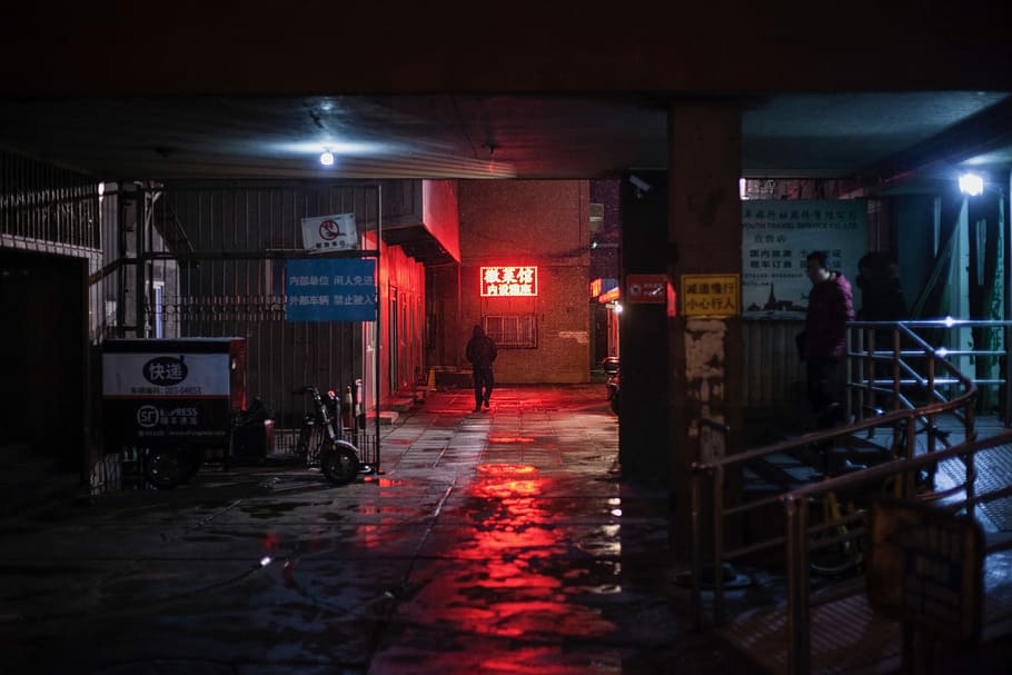 person walking toward neon signage, dark, alleyway, night time, HD wallpaper