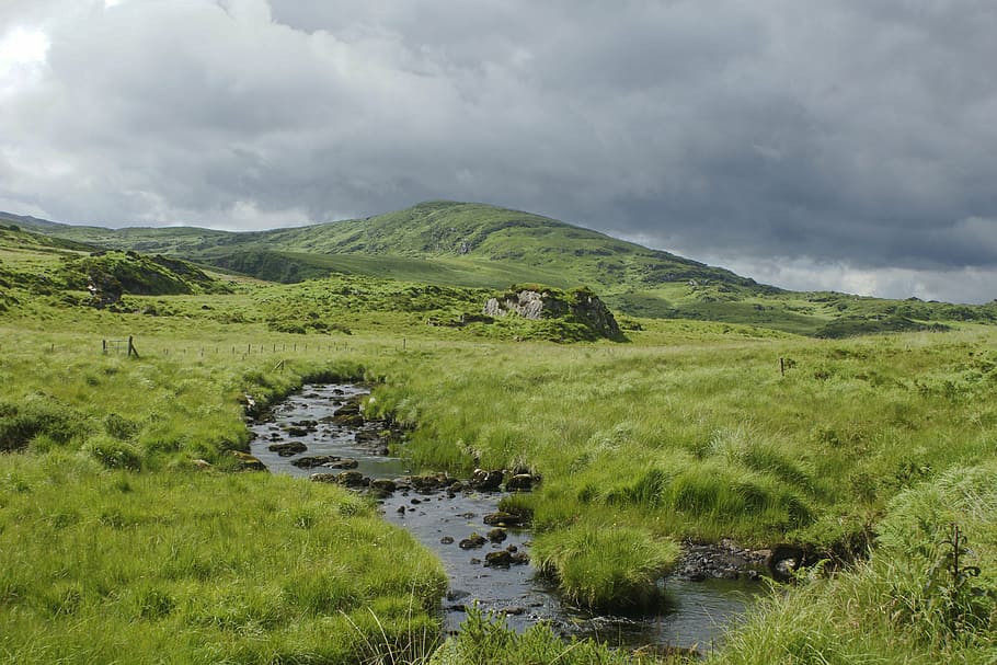 grass field, ireland, sky, clouds, hill, cloudy sky, lande HD wallpaper