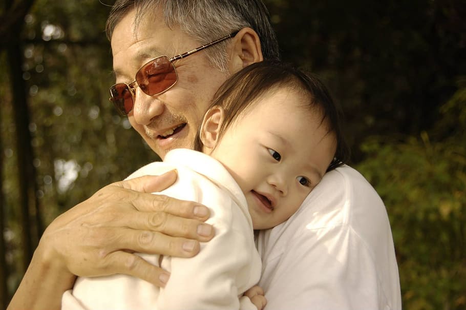 man carrying baby, warm feeling, great-grandfather, sweet, two people, HD wallpaper