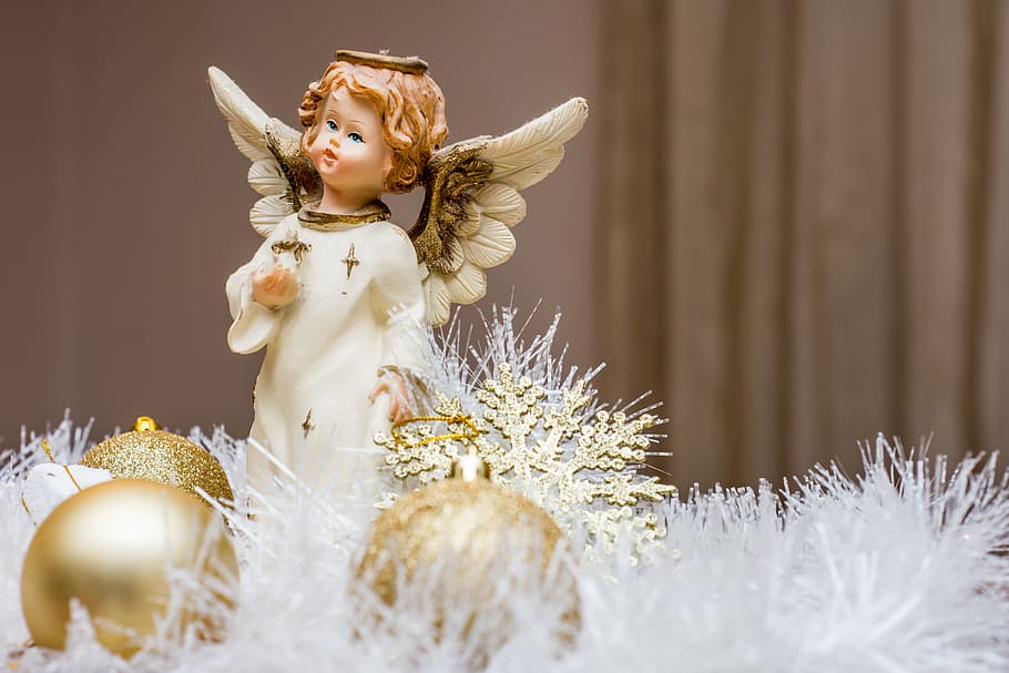 angel figurine near baubles, christmas presents, happy new year 2018, HD wallpaper