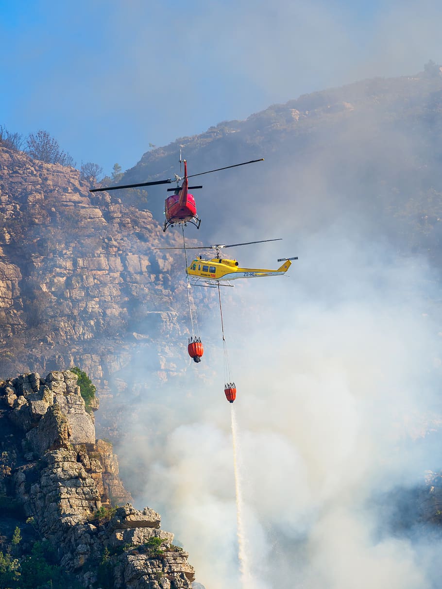 fire fighting helicopters, sky, smoke, clouds, landscape, forest