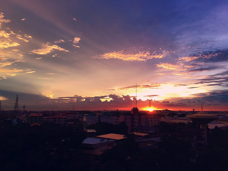 light, city, dawn, sky, dusk, outdoors, silhouette, sunrise, sunset HD wallpaper