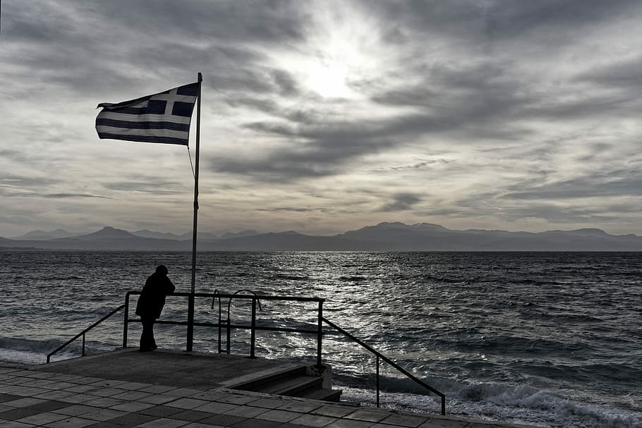 Sunset, Greece, Summer, Island, sea, flag, nature, tranquil scene HD wallpaper